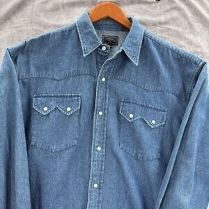 Roper Denim Western Shirt Mens L Blue Pearl Snap Cowboy Rodeo